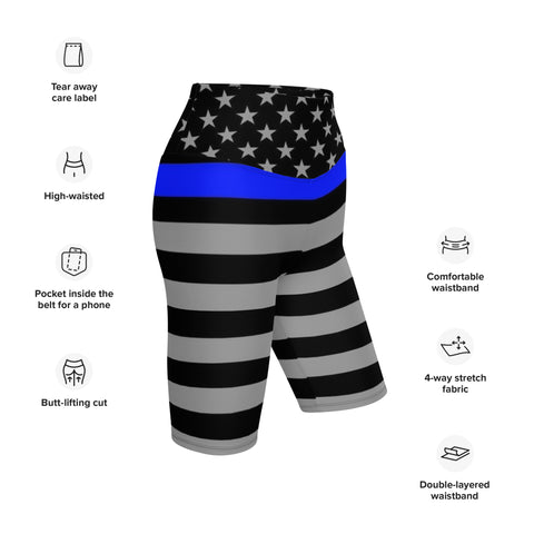 Thin Blue Line Flag Printed on Women's High-Waisted Bike Shorts - Show Your Support in Style