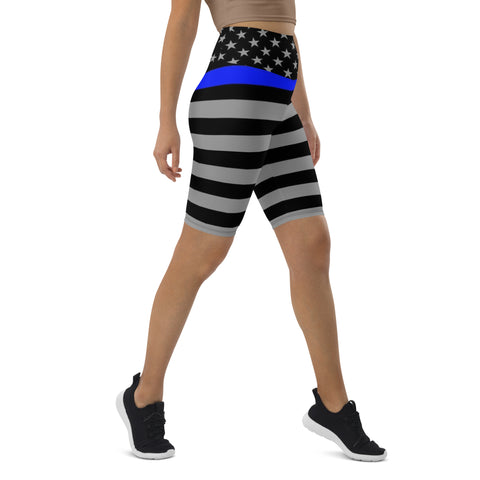 Thin Blue Line Flag Printed on Women's High-Waisted Bike Shorts - Show Your Support in Style