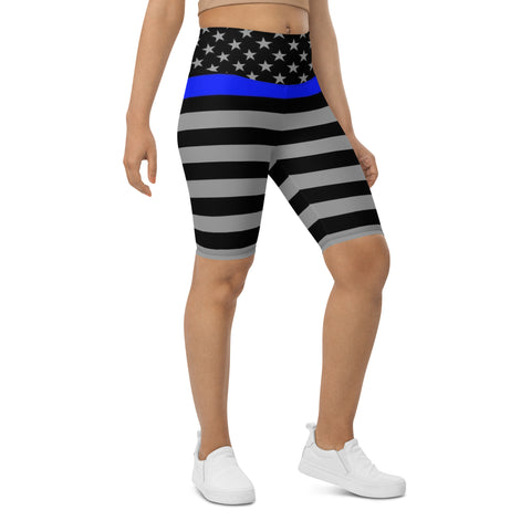 Thin Blue Line Flag Printed on Women's High-Waisted Bike Shorts - Show Your Support in Style