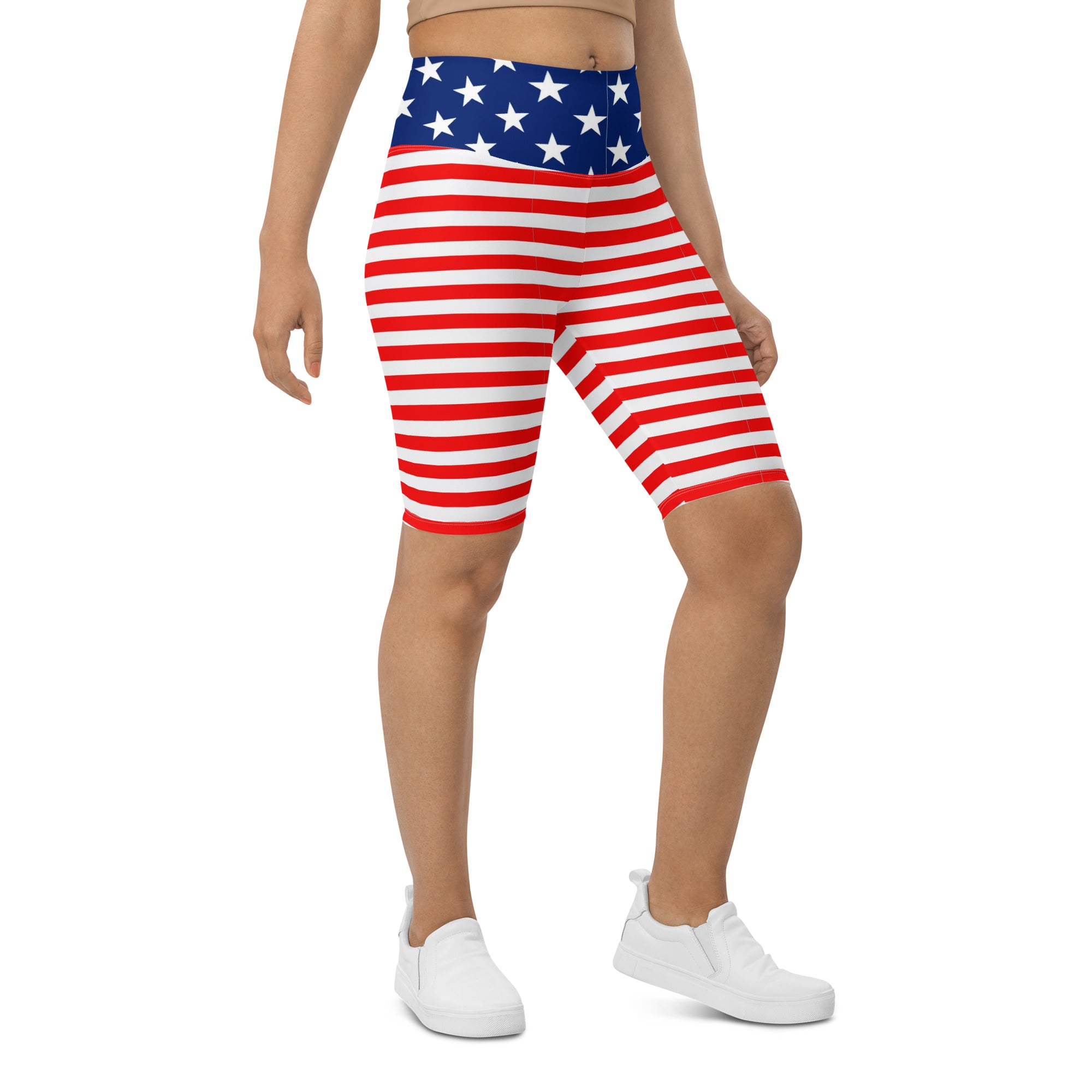 American Flag Print Women's High-Waisted Bike Shorts - Show Your Patriotism in Style