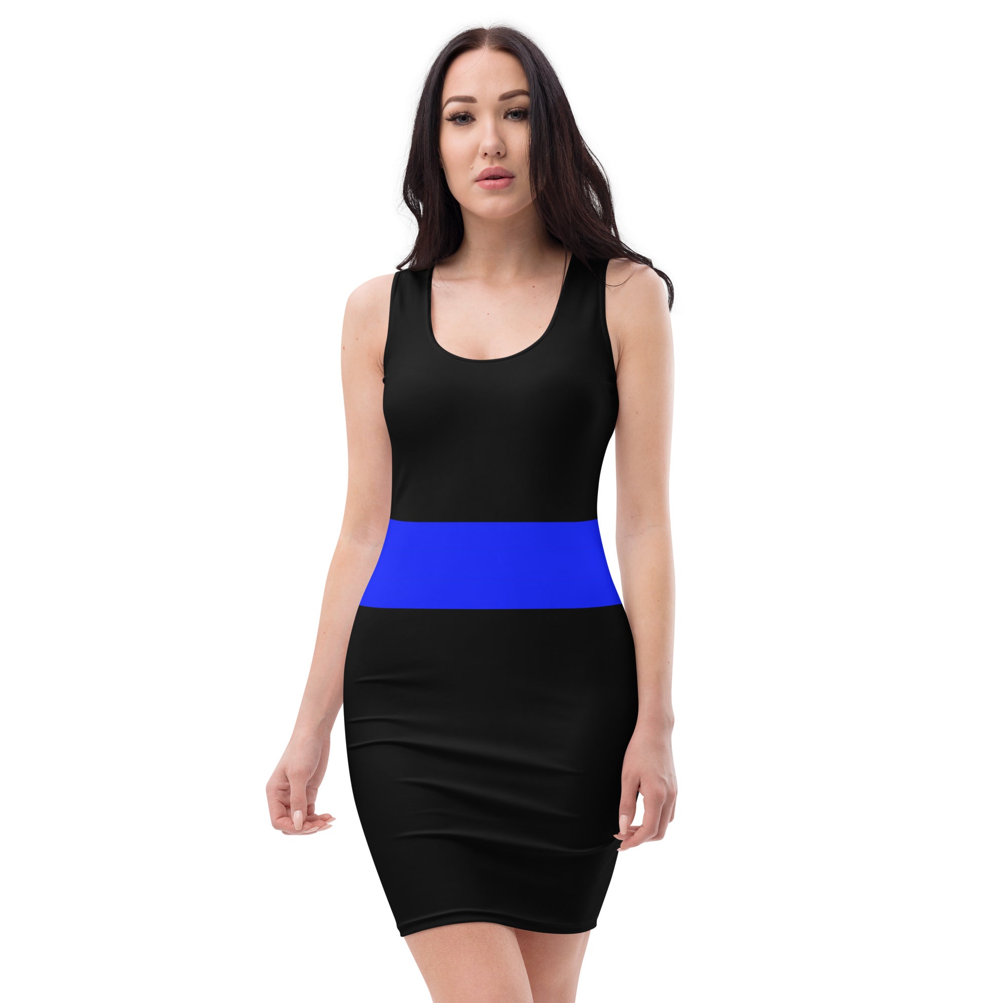 Elegance Meets Support: Black Fitted Dress with a Thin Blue Line at the Waist