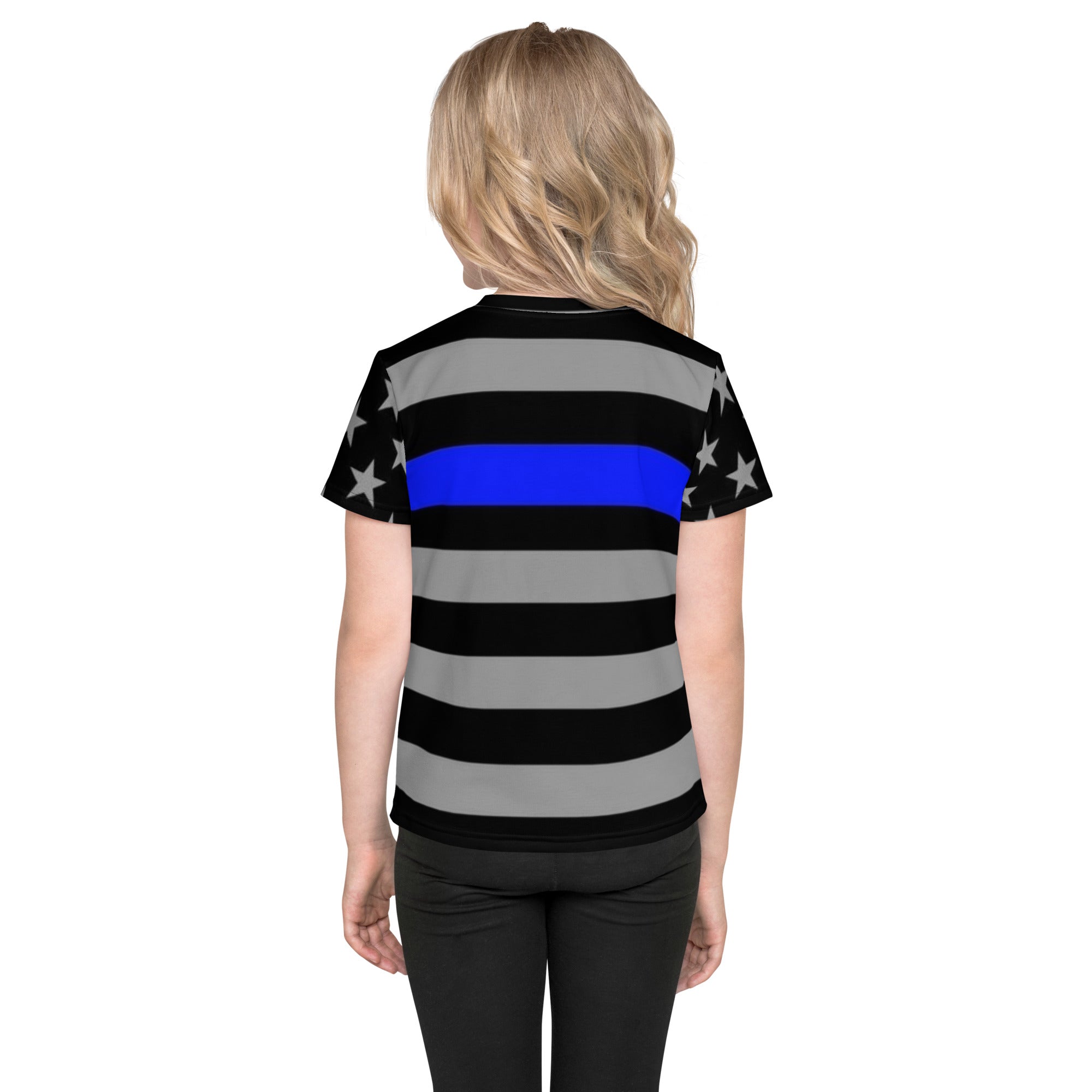 Kids Crew Neck T-shirt with Thin Blue Line Flag Stripes and Stars - A Tribute to Law Enforcement