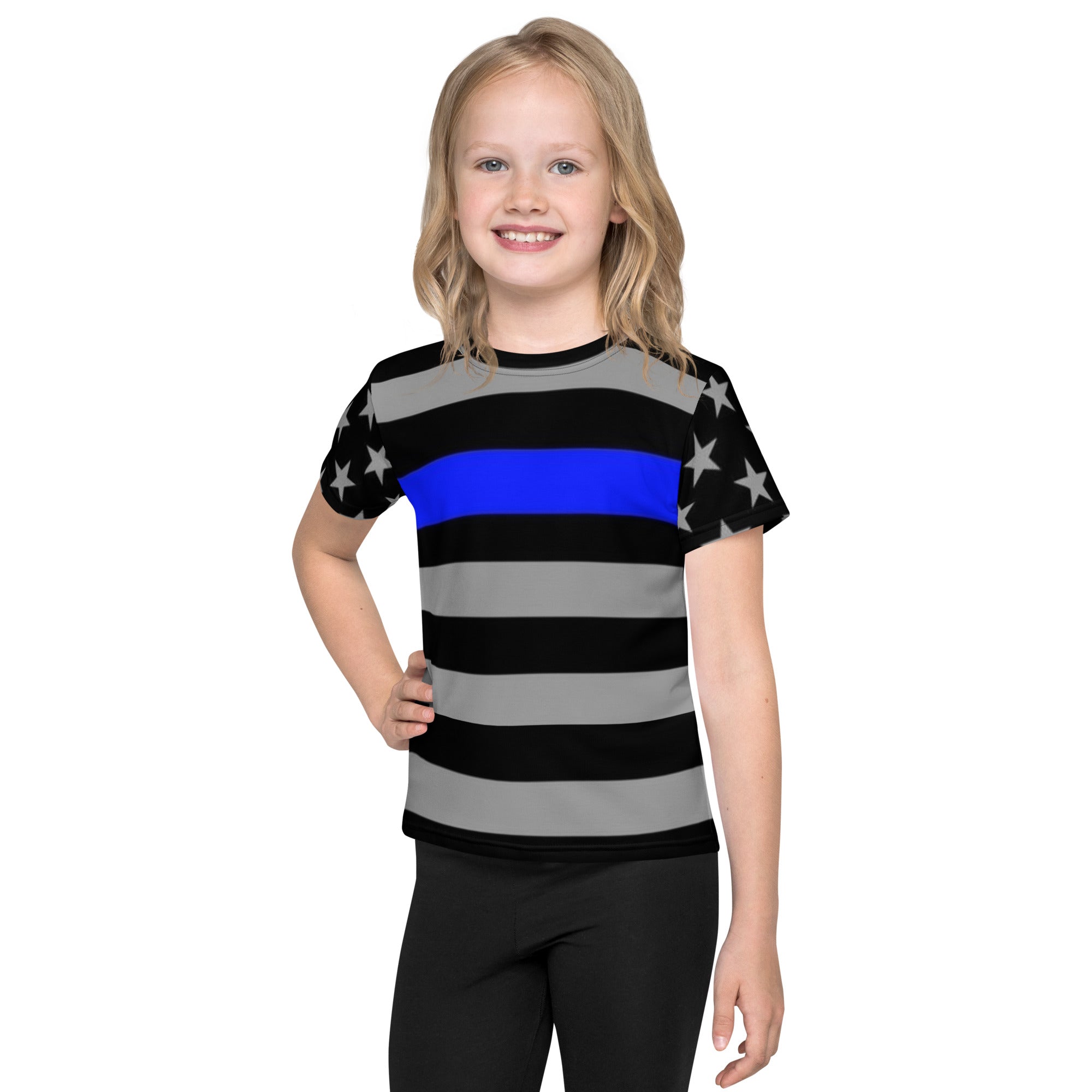 Kids Crew Neck T-shirt with Thin Blue Line Flag Stripes and Stars - A Tribute to Law Enforcement