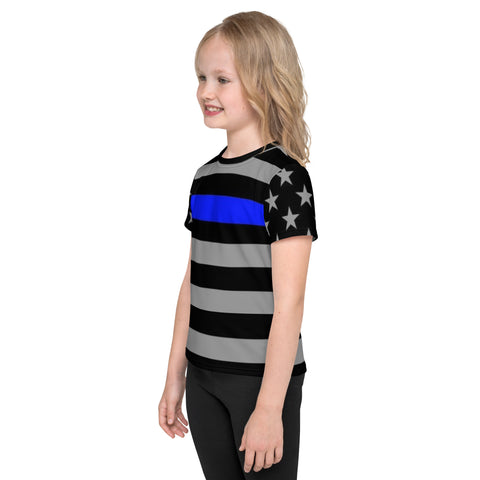 Kids Crew Neck T-shirt with Thin Blue Line Flag Stripes and Stars - A Tribute to Law Enforcement