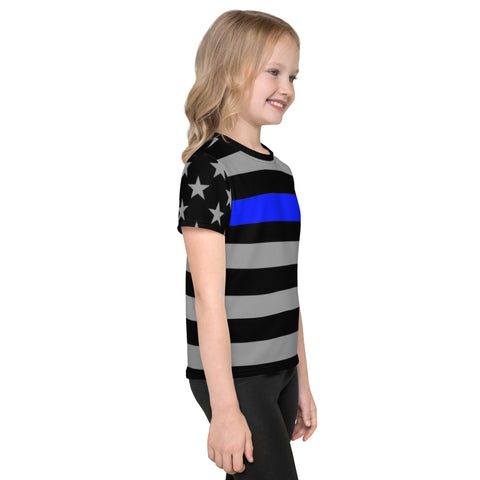 Kids Crew Neck T-shirt with Thin Blue Line Flag Stripes and Stars - A Tribute to Law Enforcement