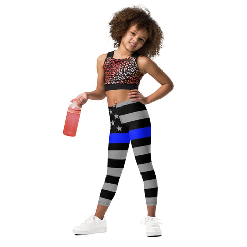 Thin Blue Line Flag, Kid's Stretchy Leggings - Honoring Law Enforcement