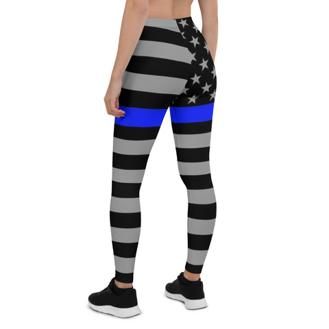 Stylish Yoga Leggings with Thin Blue Line Flag Design