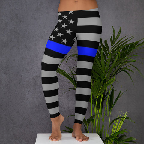 Stylish Yoga Leggings with Thin Blue Line Flag Design