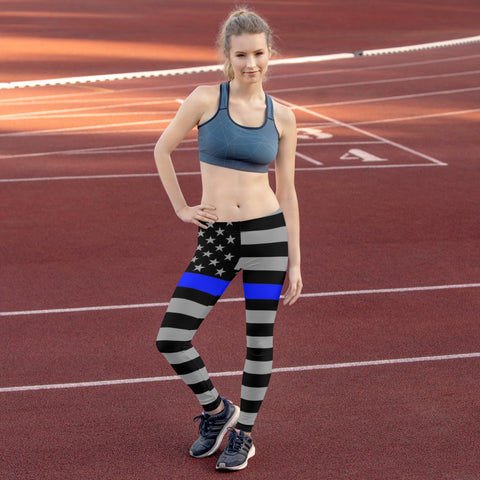 Stylish Yoga Leggings with Thin Blue Line Flag Design