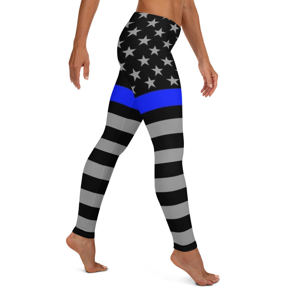 Stylish Yoga Leggings with Thin Blue Line Flag Design