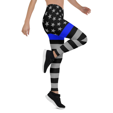 Stylish Yoga Leggings with Thin Blue Line Flag Design