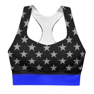 Stylish Thin Blue Longline Premium Sports Bra - Support Law Enforcement During Workouts