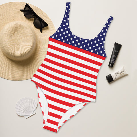 American Flag Style Stars and Stripes One Piece Swimsuit