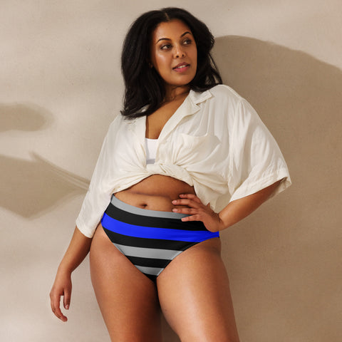 Recycled High-Waisted Bikini Bottoms in Gray and Black Stripes | Thin Blue Line Collection