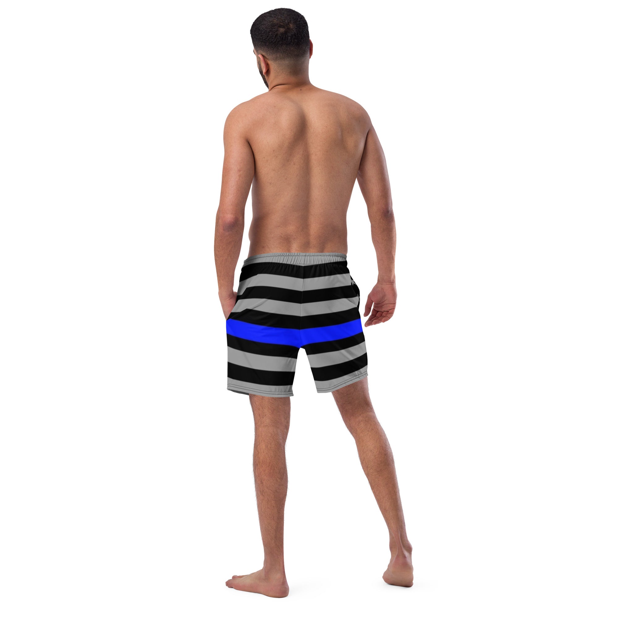 Men's Premium Swim Shorts with All-Over Thin Blue Line Flag Print - Patriotic Swimwear