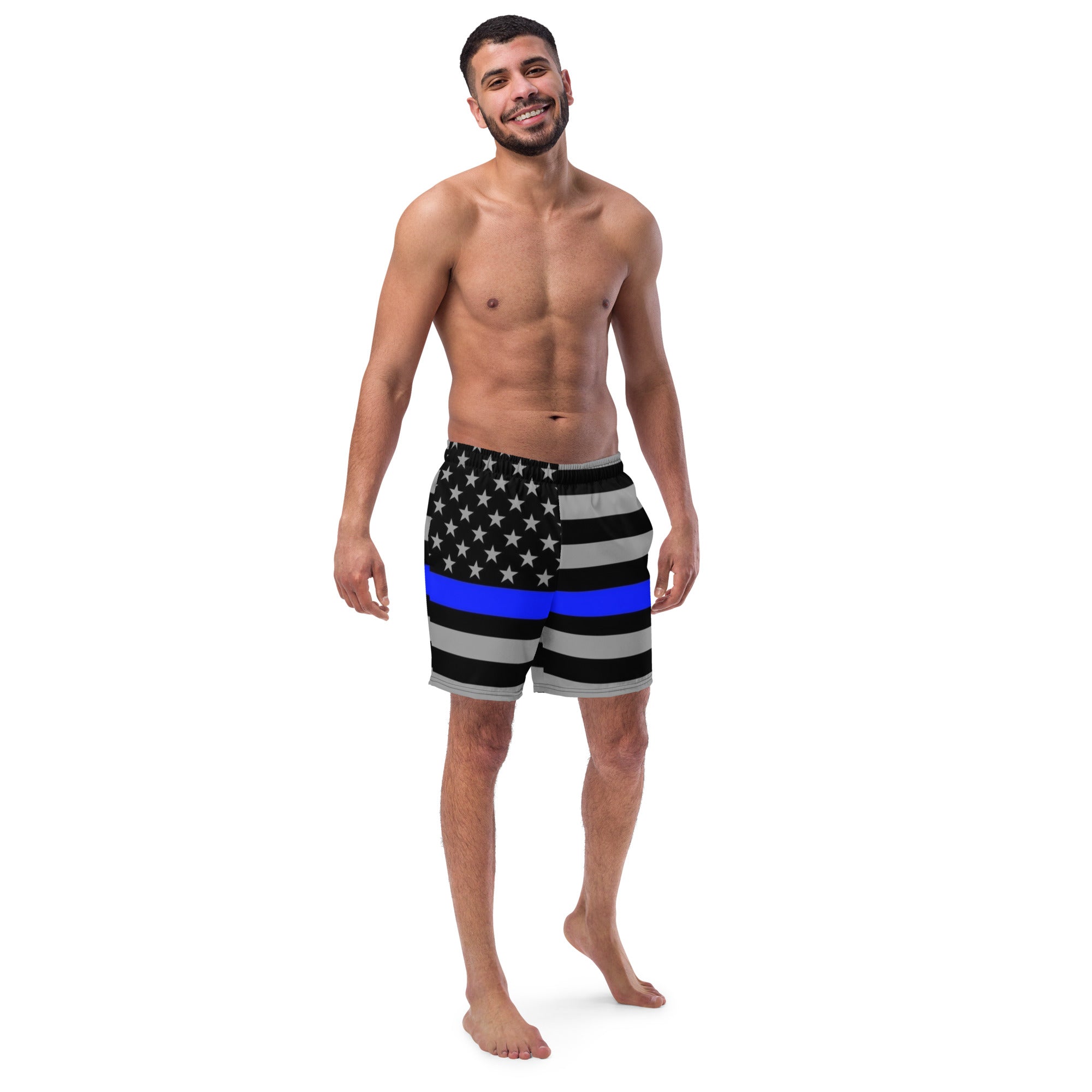 Men's Premium Swim Shorts with All-Over Thin Blue Line Flag Print - Patriotic Swimwear