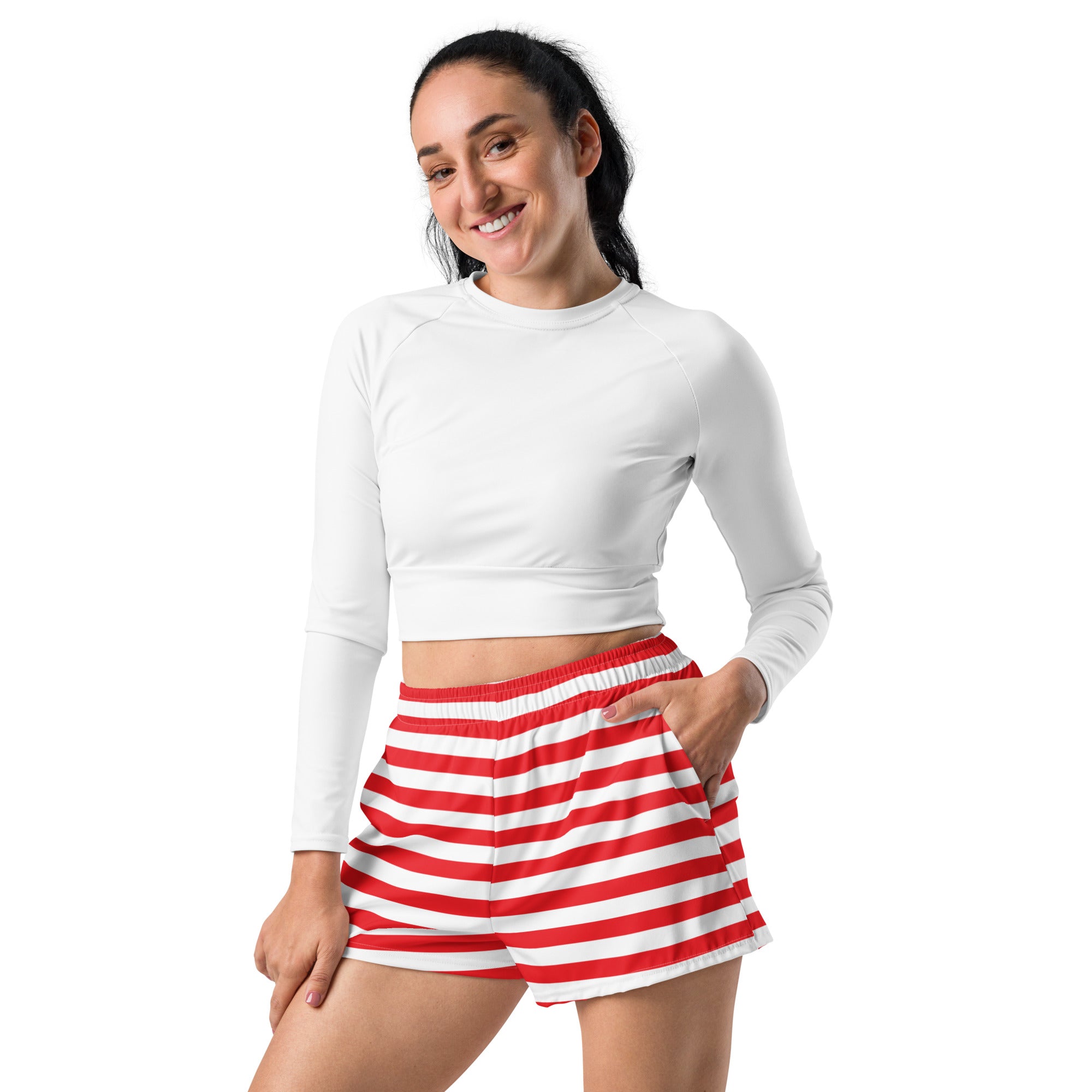 Red & White Striped Eco Athletic Shorts | Back The Blue Store