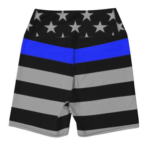 Elevate Your Yoga Experience with Women's Yoga Shorts with Thin Blue Line Flag Print