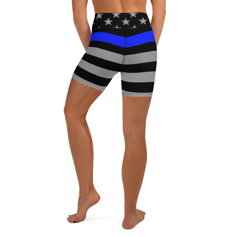 Elevate Your Yoga Experience with Women's Yoga Shorts with Thin Blue Line Flag Print