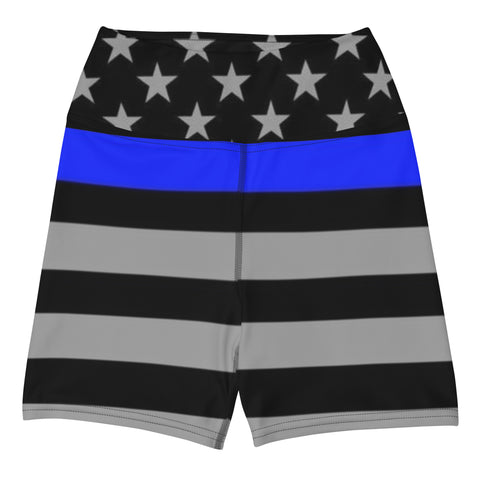 Elevate Your Yoga Experience with Women's Yoga Shorts with Thin Blue Line Flag Print