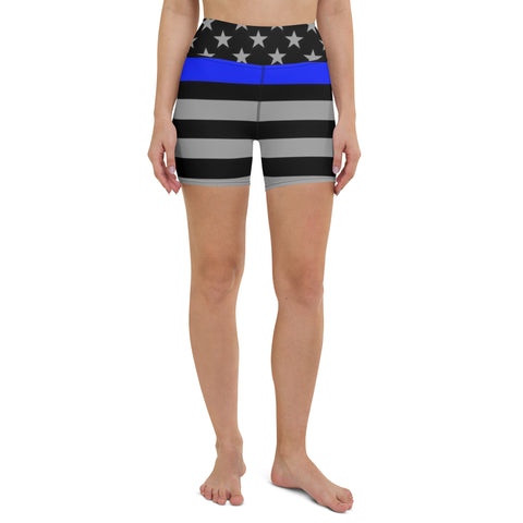 Elevate Your Yoga Experience with Women's Yoga Shorts with Thin Blue Line Flag Print