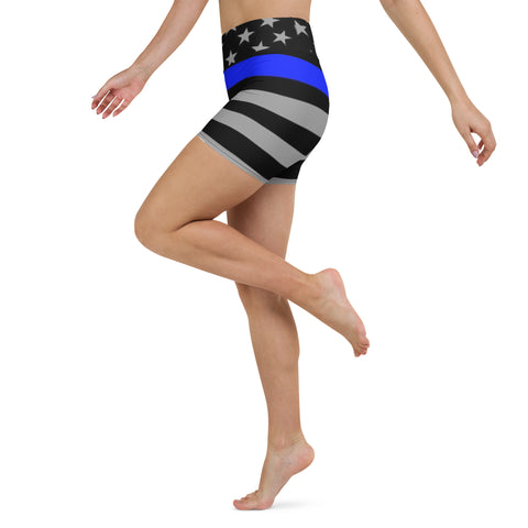 Elevate Your Yoga Experience with Women's Yoga Shorts with Thin Blue Line Flag Print