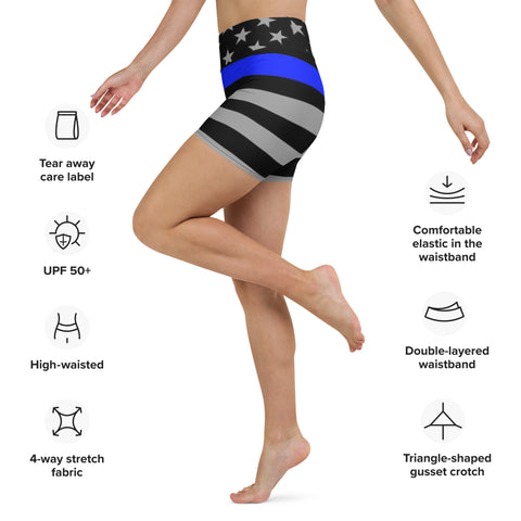 Elevate Your Yoga Experience with Women's Yoga Shorts with Thin Blue Line Flag Print