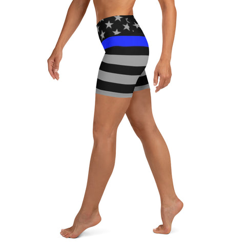 Elevate Your Yoga Experience with Women's Yoga Shorts with Thin Blue Line Flag Print