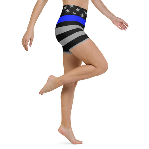 Elevate Your Yoga Experience with Women's Yoga Shorts with Thin Blue Line Flag Print