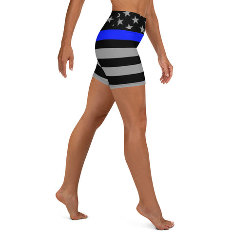 Elevate Your Yoga Experience with Women's Yoga Shorts with Thin Blue Line Flag Print