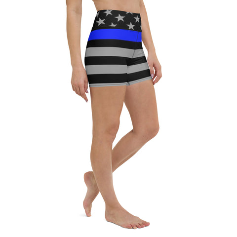 Elevate Your Yoga Experience with Women's Yoga Shorts with Thin Blue Line Flag Print