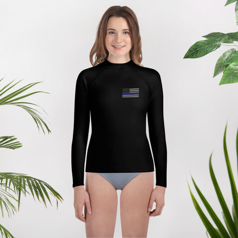 Black Youth Rash Guard with a Thin Blue Line Flag on the Left Chest Area