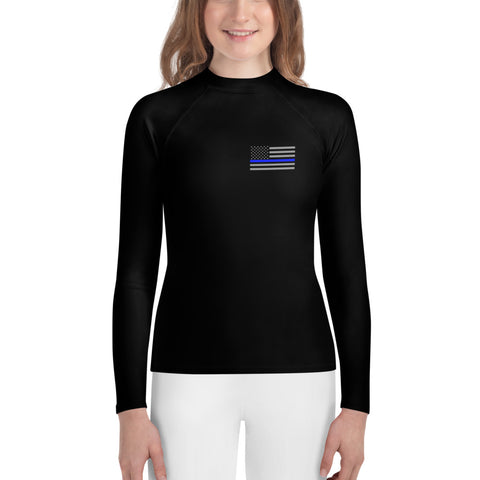 Black Youth Rash Guard with a Thin Blue Line Flag on the Left Chest Area