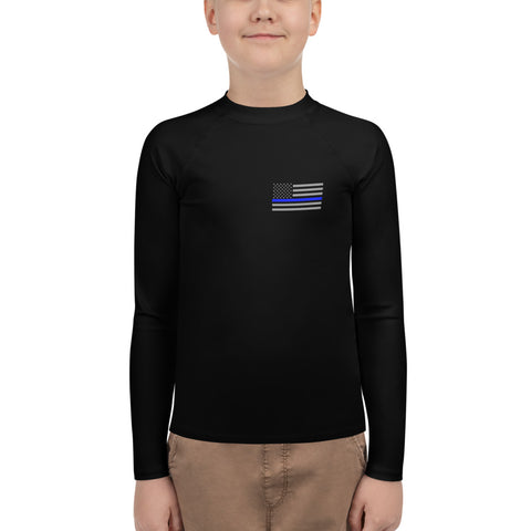 Black Youth Rash Guard with a Thin Blue Line Flag on the Left Chest Area