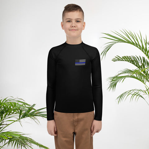 Black Youth Rash Guard with a Thin Blue Line Flag on the Left Chest Area