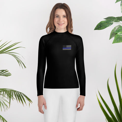 Black Youth Rash Guard with a Thin Blue Line Flag on the Left Chest Area