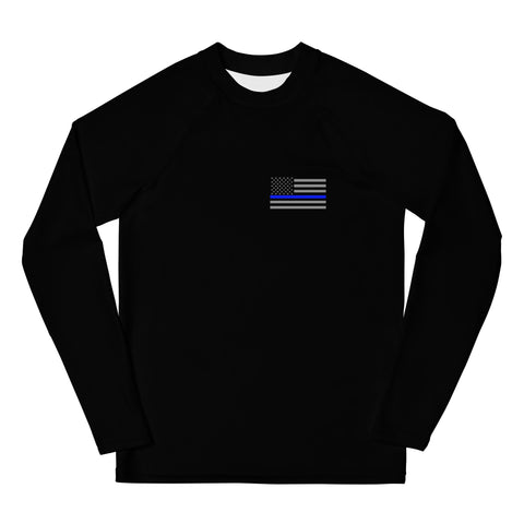 Black Youth Rash Guard with a Thin Blue Line Flag on the Left Chest Area