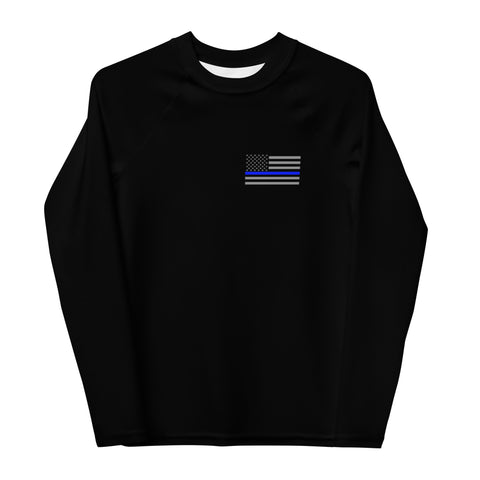 Black Youth Rash Guard with a Thin Blue Line Flag on the Left Chest Area