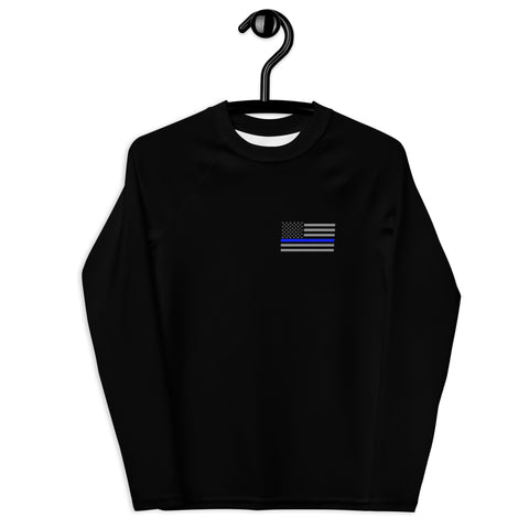 Black Youth Rash Guard with a Thin Blue Line Flag on the Left Chest Area