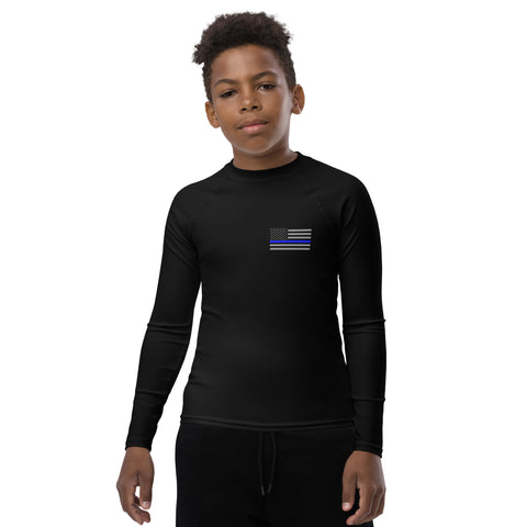 Black Youth Rash Guard with a Thin Blue Line Flag on the Left Chest Area