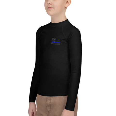 Black Youth Rash Guard with a Thin Blue Line Flag on the Left Chest Area