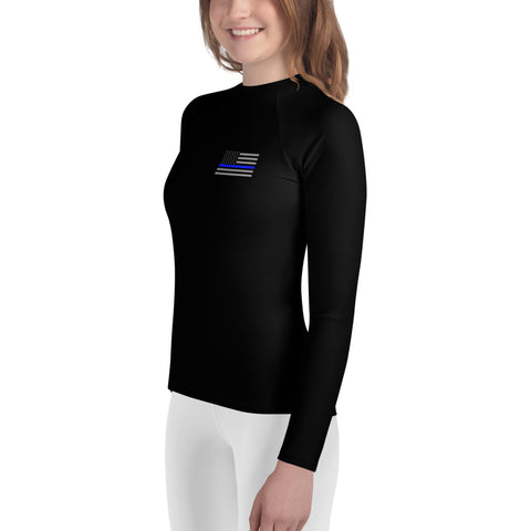 Black Youth Rash Guard with a Thin Blue Line Flag on the Left Chest Area