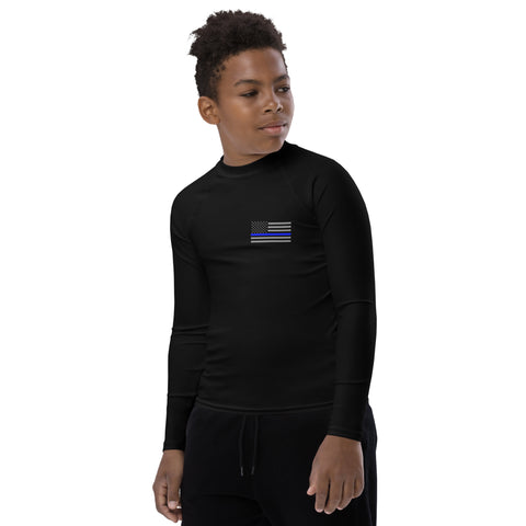 Black Youth Rash Guard with a Thin Blue Line Flag on the Left Chest Area