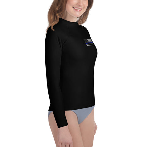 Black Youth Rash Guard with a Thin Blue Line Flag on the Left Chest Area