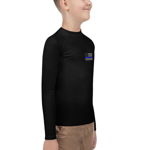 Black Youth Rash Guard with a Thin Blue Line Flag on the Left Chest Area