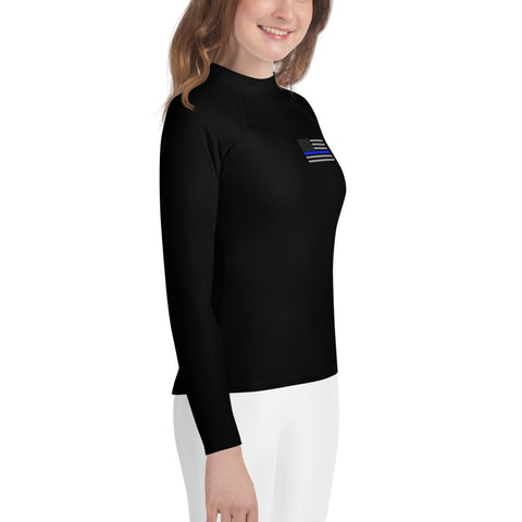 Black Youth Rash Guard with a Thin Blue Line Flag on the Left Chest Area