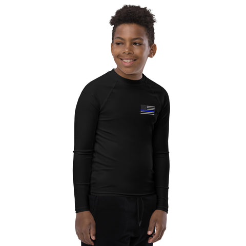 Black Youth Rash Guard with a Thin Blue Line Flag on the Left Chest Area