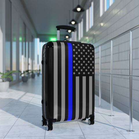 Suitcase with Thin Blue Line Flag Print - Three Sizes Available to Travel While Showing Your Support To Law Enforcement