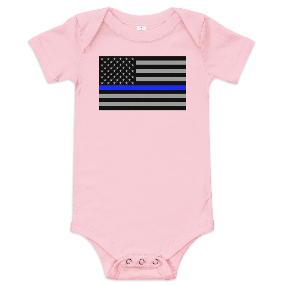 Baby Short Sleeved One Piece Bodysuit with Thin Blue Line Flag