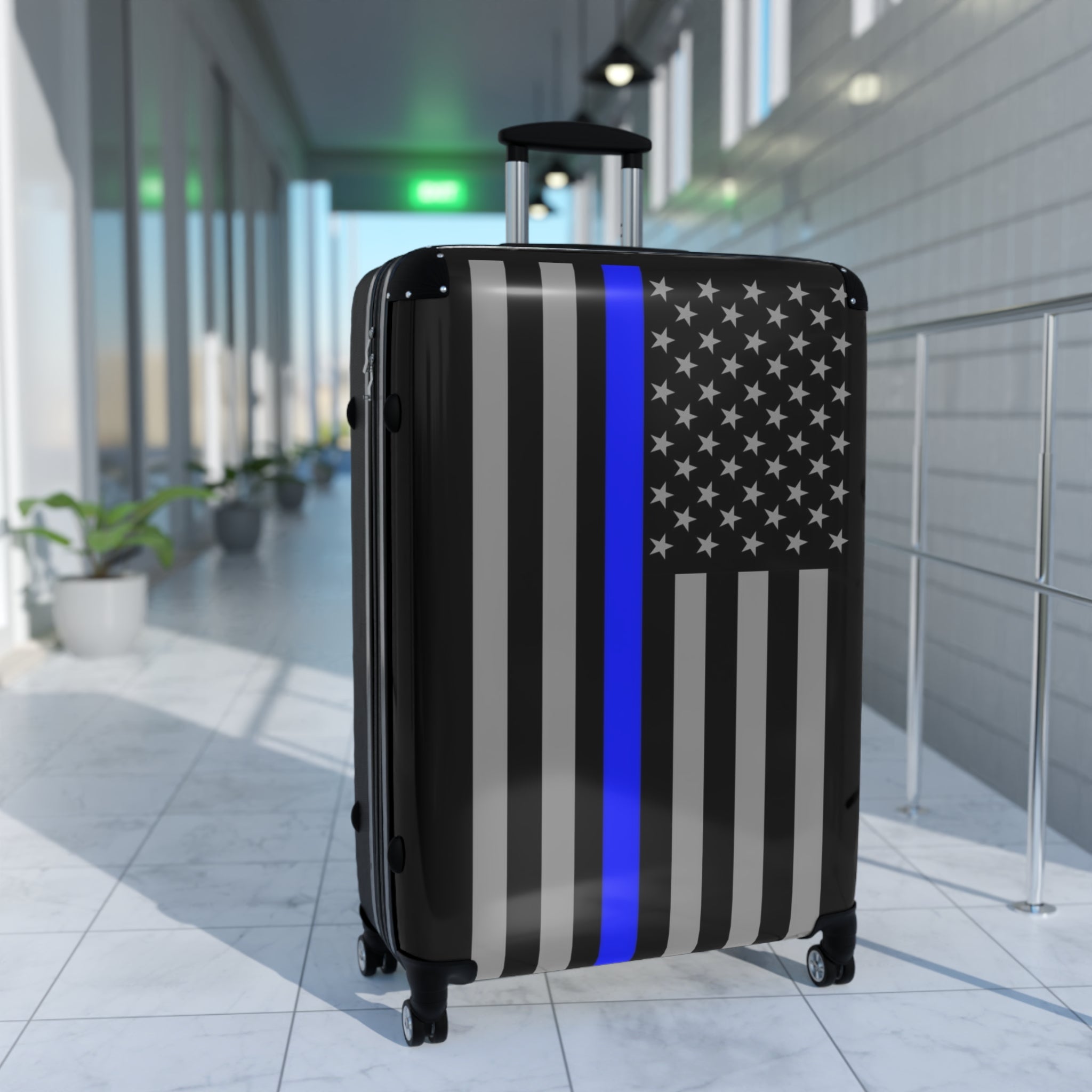 Suitcase with Thin Blue Line Flag Print - Three Sizes Available to Travel While Showing Your Support To Law Enforcement